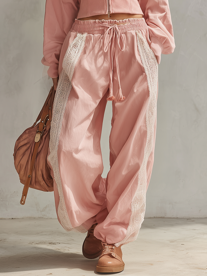 Vintage-style Casual-elegant Western-inspired Cotton Sweatshirt And Lace-paneling Set
