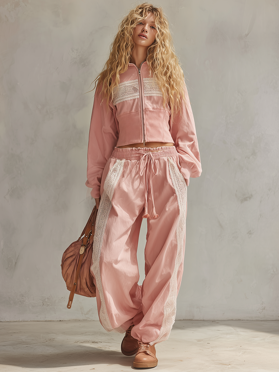 Vintage-style Casual-elegant Western-inspired Cotton Sweatshirt And Lace-paneling Set