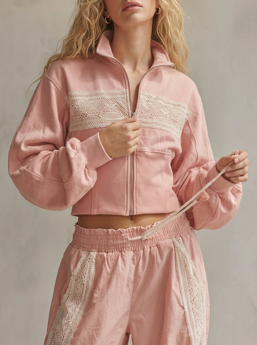 Vintage-style Casual-elegant Western-inspired Cotton Sweatshirt And Lace-paneling Set