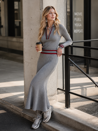 Retro-style Color-block Trim Grey Half-zip Long-sleeved Knit Maxi Dress
