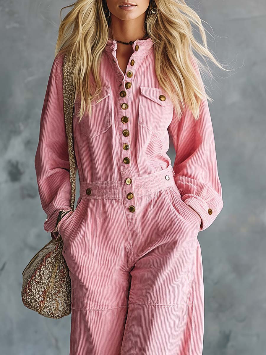 Retro Pink Corduroy Button-Front Long-Sleeve Wide-Leg Utility Jumpsuit With Pockets