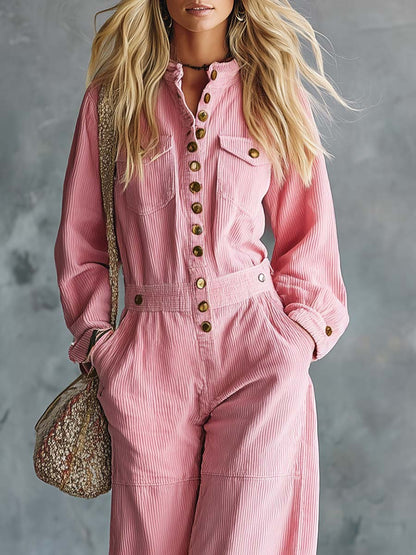 Retro Pink Corduroy Button-Front Long-Sleeve Wide-Leg Utility Jumpsuit With Pockets