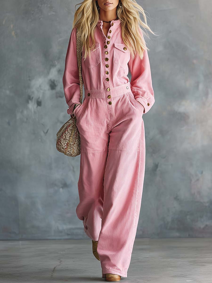 Retro Pink Corduroy Button-Front Long-Sleeve Wide-Leg Utility Jumpsuit With Pockets