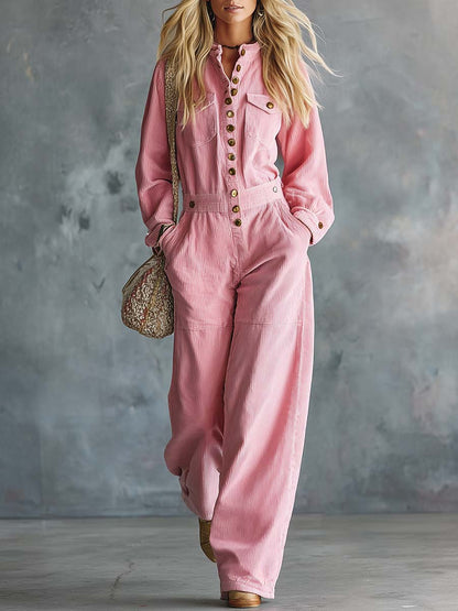 Retro Pink Corduroy Button-Front Long-Sleeve Wide-Leg Utility Jumpsuit With Pockets