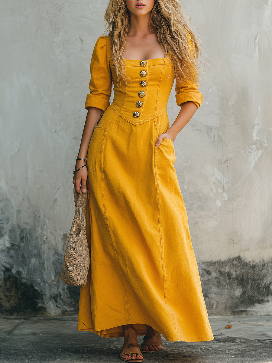 Vintage Square-neck Puff-sleeve Metal-buckle Denim Dress.