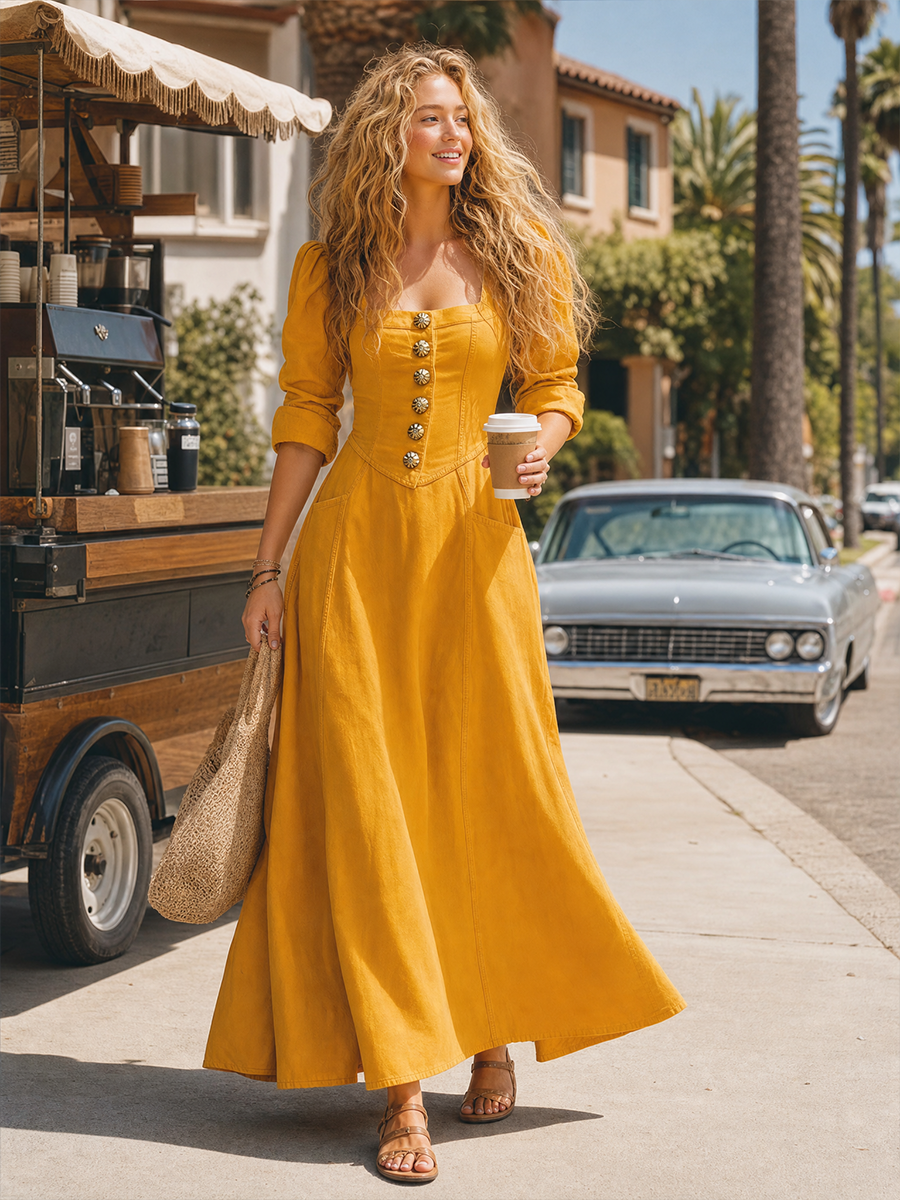 Vintage Square-neck Puff-sleeve Metal-buckle Denim Dress.