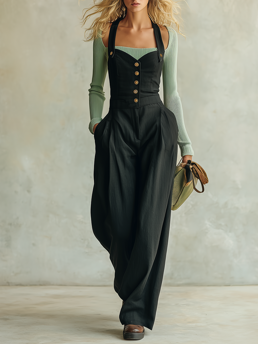 Vintage-inspired Casual Yet Elegant Western-style Black Cotton-blend Jumpsuit