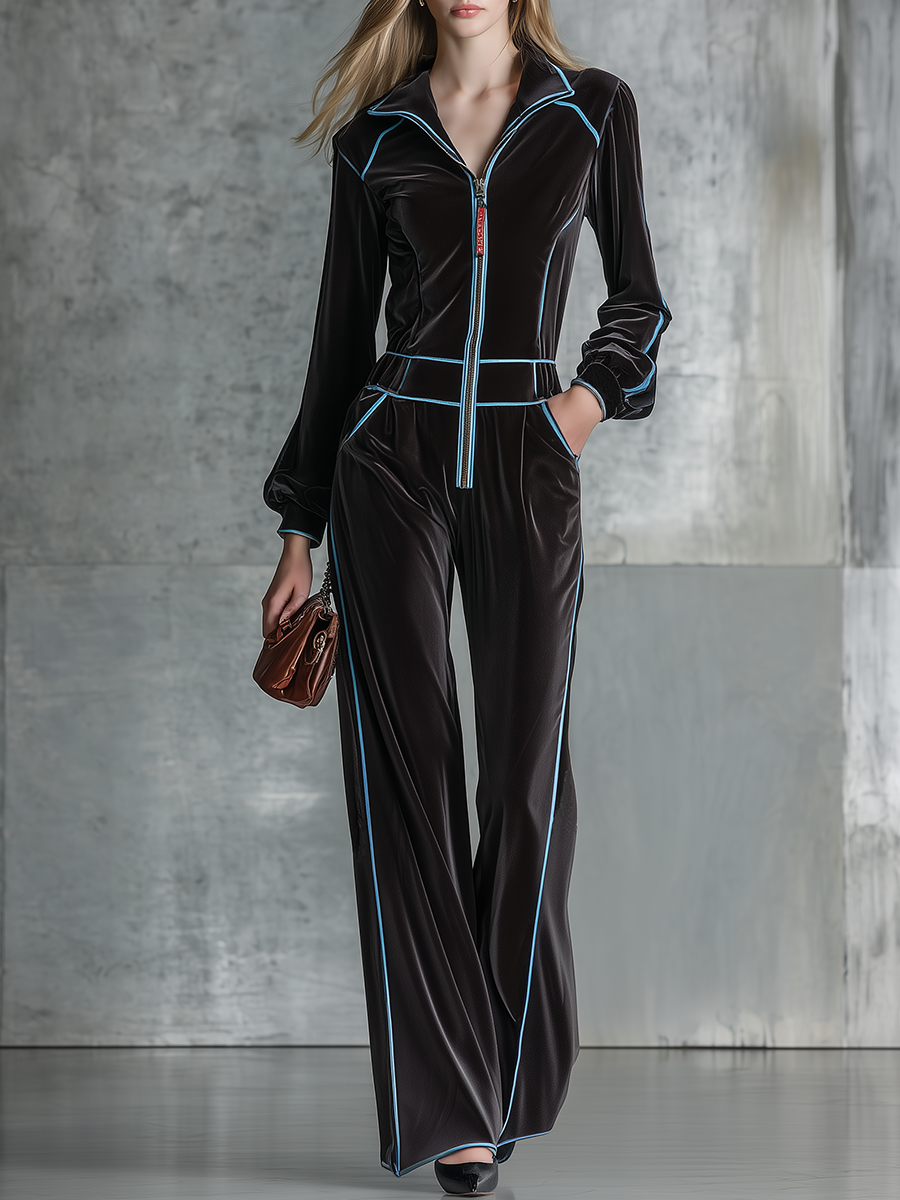 Vintage-style Casual Yet Elegant Western-inspired Black Velvet Jumpsuit