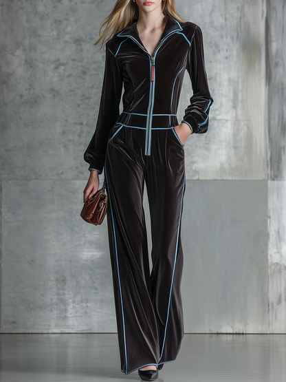 Vintage-style Casual Yet Elegant Western-inspired Black Velvet Jumpsuit