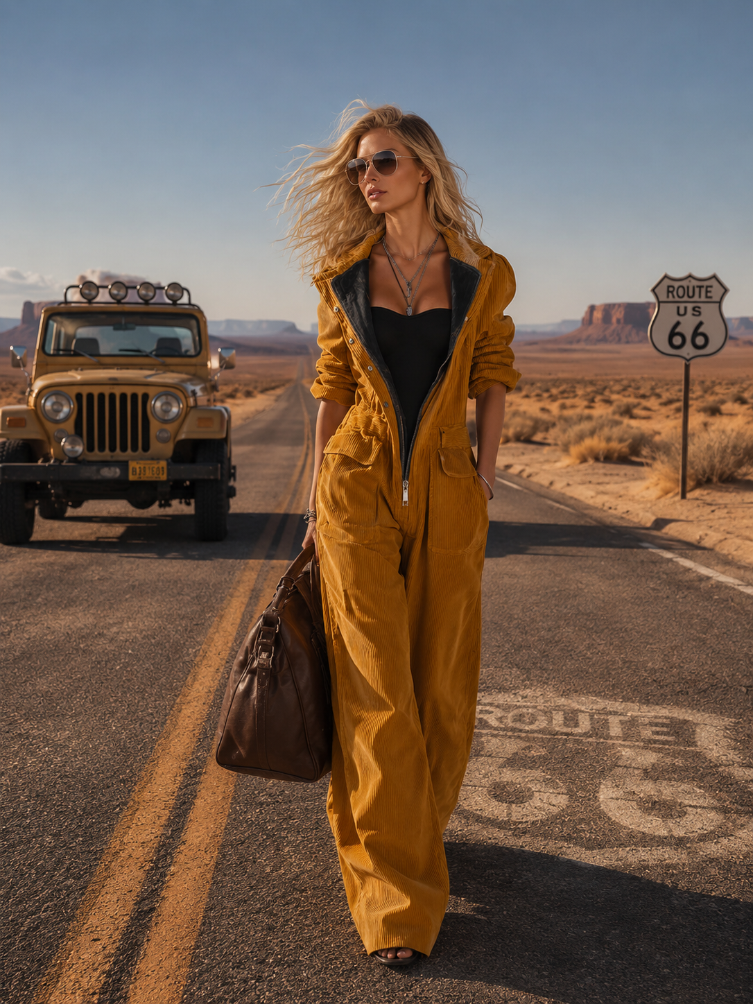 Retro Mustard Corduroy Hooded Zip-Front Wide-Leg Utility Jumpsuit With Pockets