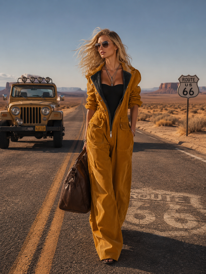 Retro Mustard Corduroy Hooded Zip-Front Wide-Leg Utility Jumpsuit With Pockets