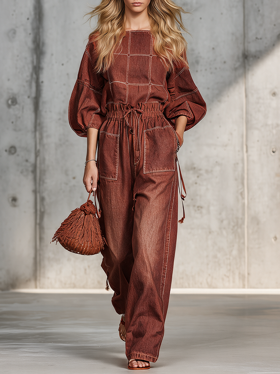 Retro Puff-sleeve Elastic-waist Wide-leg Denim Jumpsuit