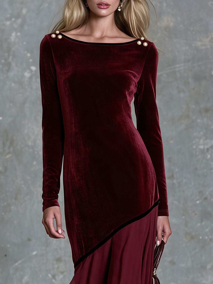 Retro Elegant Burgundy Long-sleeved Velvet Chiffon Midi Dress