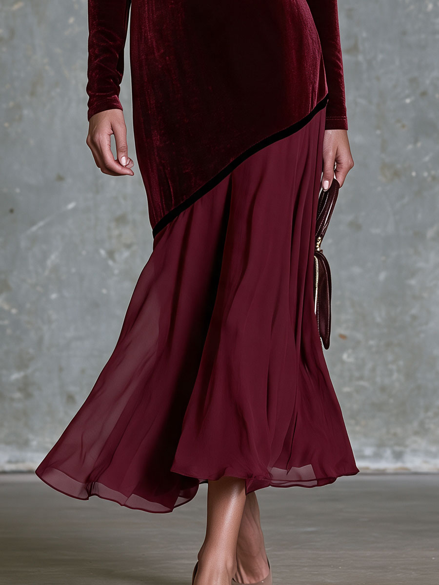 Retro Elegant Burgundy Long-sleeved Velvet Chiffon Midi Dress