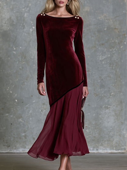Retro Elegant Burgundy Long-sleeved Velvet Chiffon Midi Dress