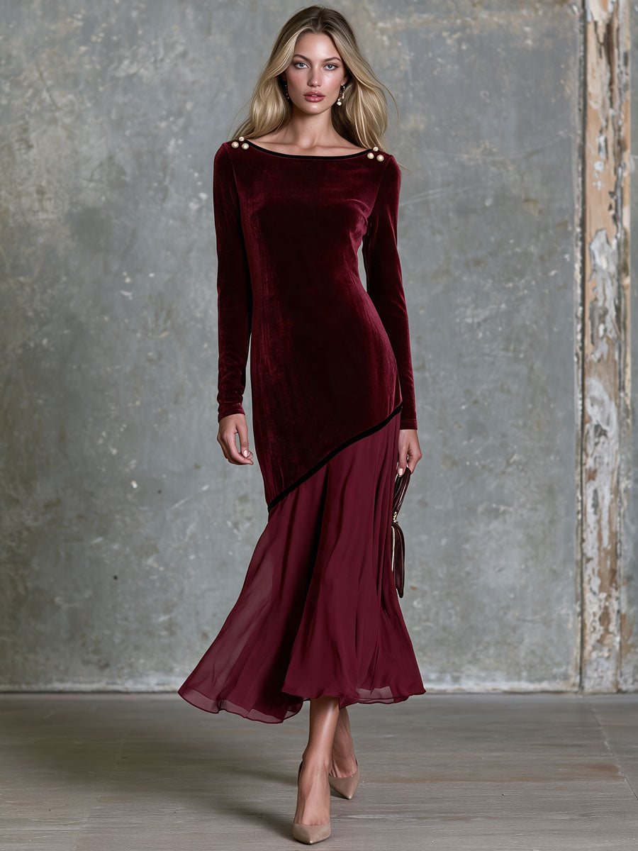 Retro Elegant Burgundy Long-sleeved Velvet Chiffon Midi Dress
