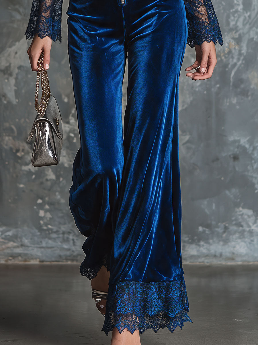 Retro Elegant Blue Lace Long-sleeved V-neck Zip-up Velvet Jumpsuit