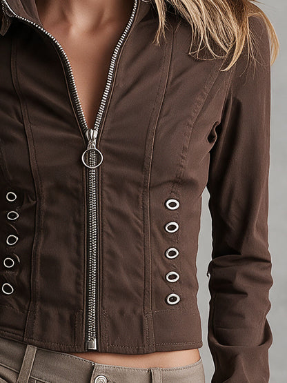 Western Retro Style Brown Stand-up Collar Long-sleeved Zip-up Cotton Jacket
