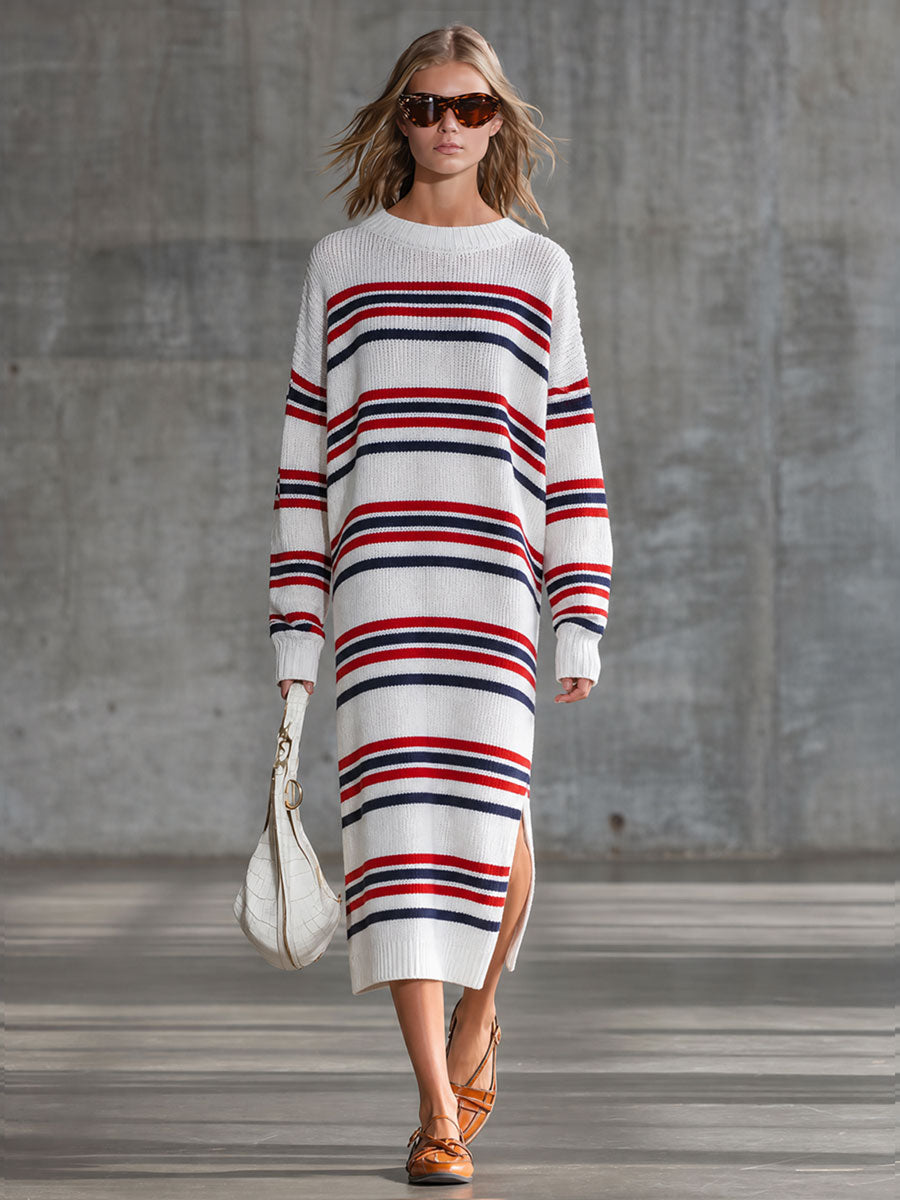 Retro-style Striped Knit Long-sleeved Midi Dress With Slits