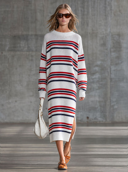 Retro-style Striped Knit Long-sleeved Midi Dress With Slits