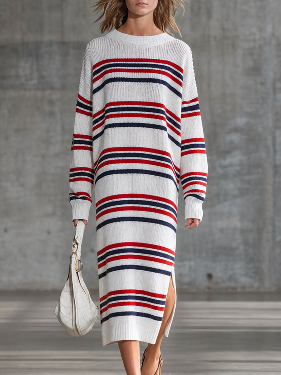 Retro-style Striped Knit Long-sleeved Midi Dress With Slits