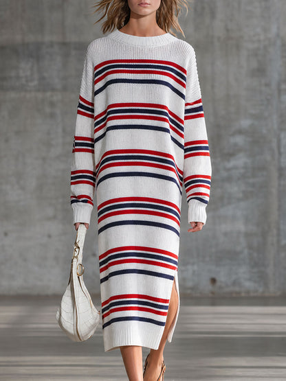 Retro-style Striped Knit Long-sleeved Midi Dress With Slits