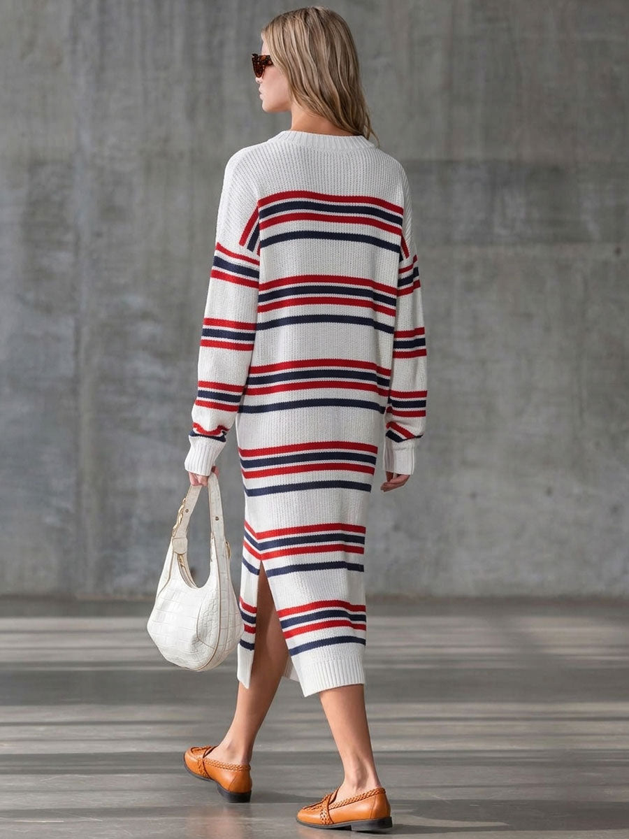 Retro-style Striped Knit Long-sleeved Midi Dress With Slits