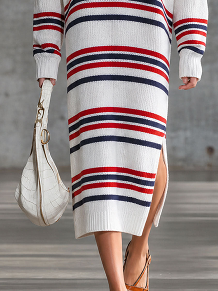 Retro-style Striped Knit Long-sleeved Midi Dress With Slits