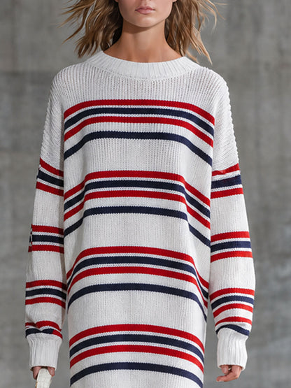 Retro-style Striped Knit Long-sleeved Midi Dress With Slits