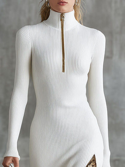 Retro-chic Leopard Print Ruffled White Knit Long-sleeved Midi Dress