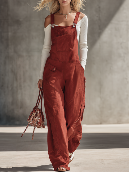 Retro Workwear Adjustable-strap Fringe Distressed Wide-leg Overalls