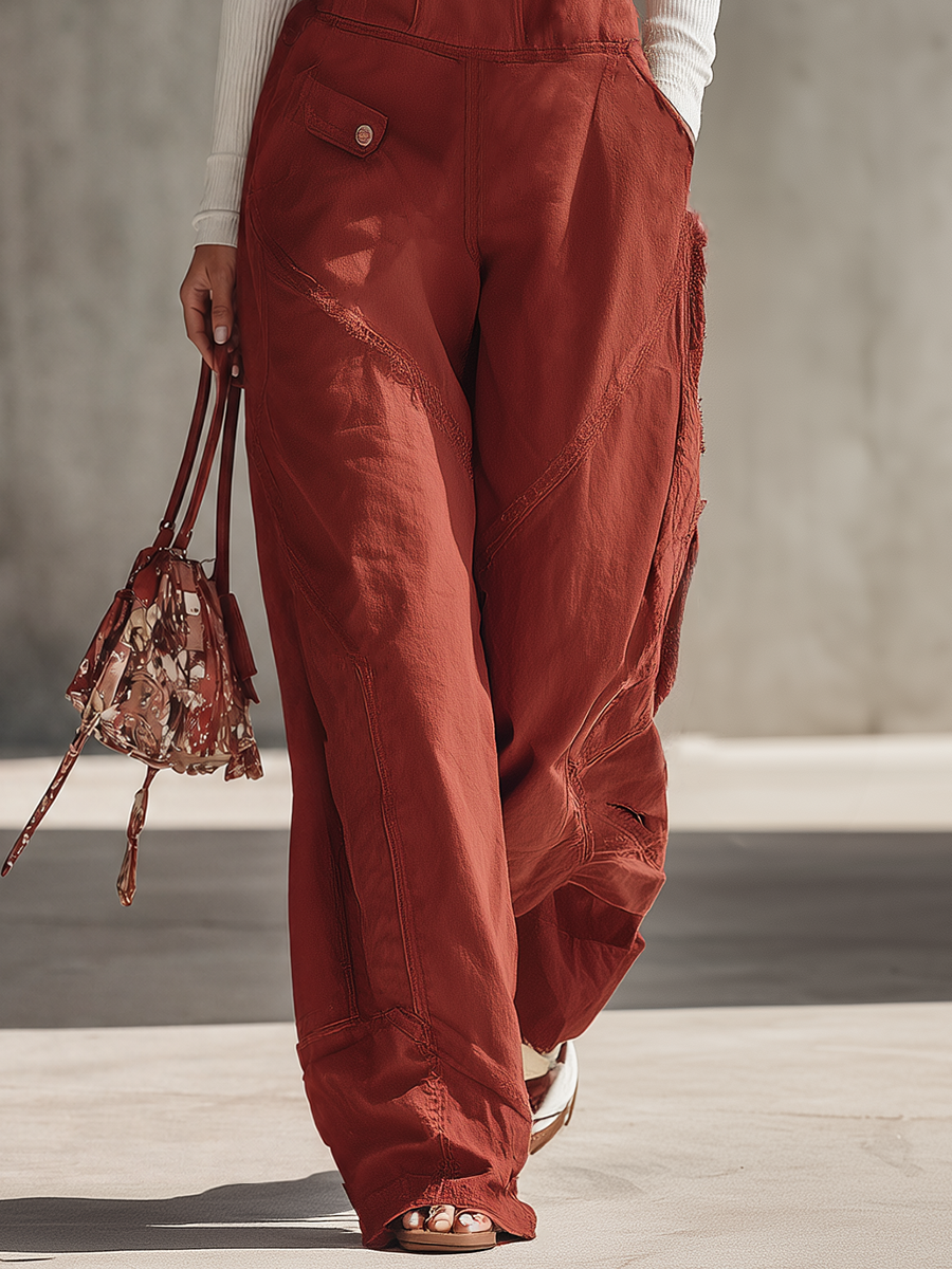 Retro Workwear Adjustable-strap Fringe Distressed Wide-leg Overalls