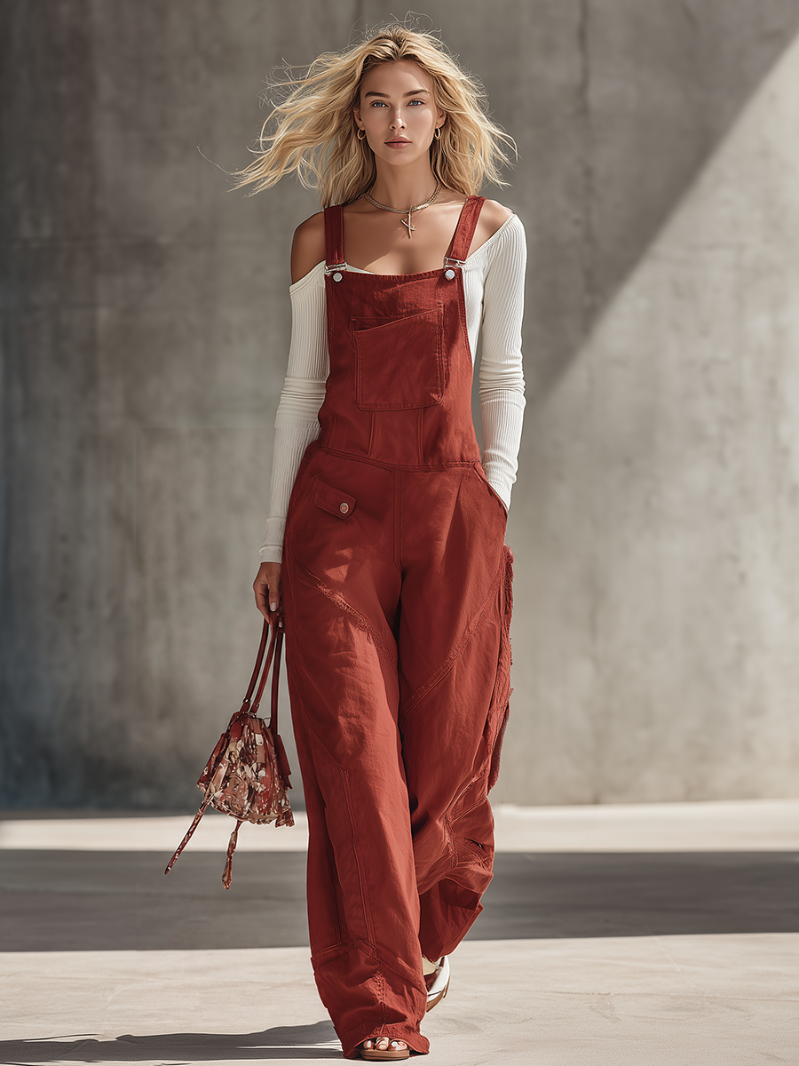 Retro Workwear Adjustable-strap Fringe Distressed Wide-leg Overalls