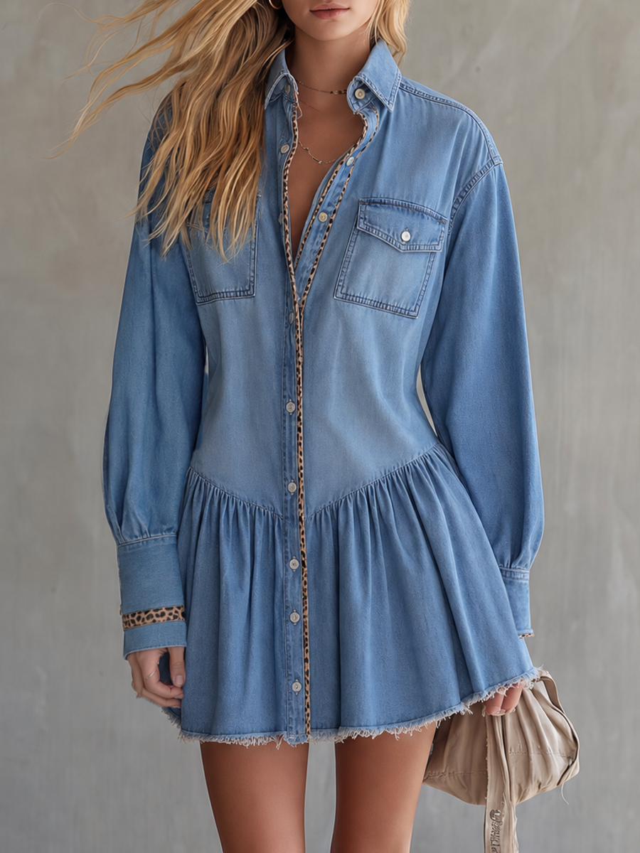 Retro American-style Leopard-print Piped Drop-waist Puff-hem Button-front Denim Dress