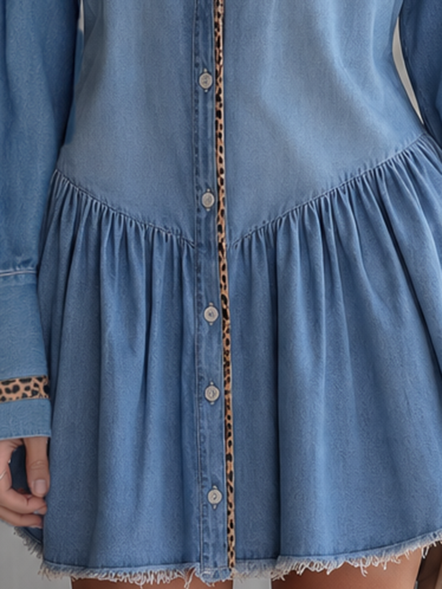 Retro American-style Leopard-print Piped Drop-waist Puff-hem Button-front Denim Dress