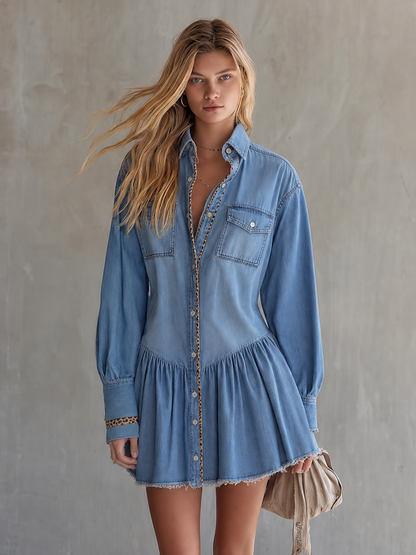 Retro American-style Leopard-print Piped Drop-waist Puff-hem Button-front Denim Dress