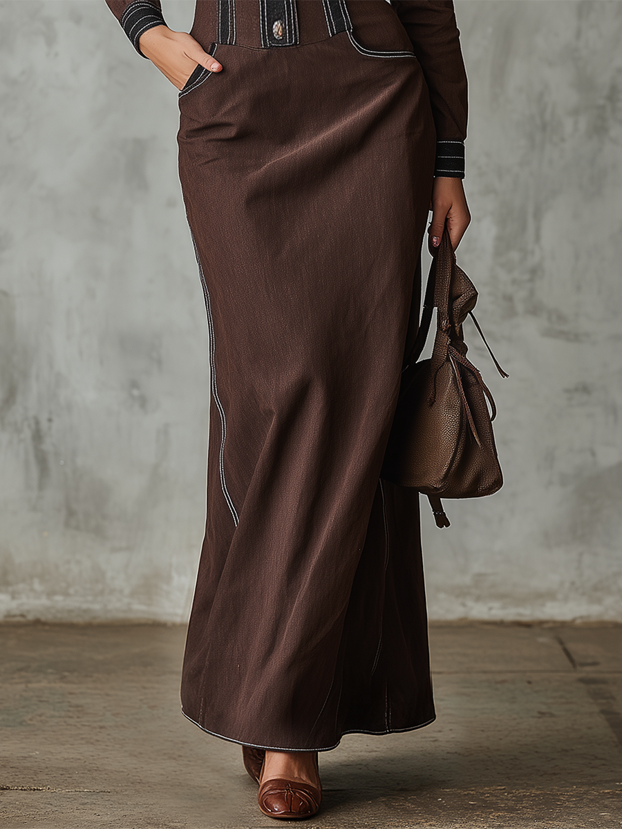 Western Vintage Single-breasted Contrast-trim Denim Maxi Dress