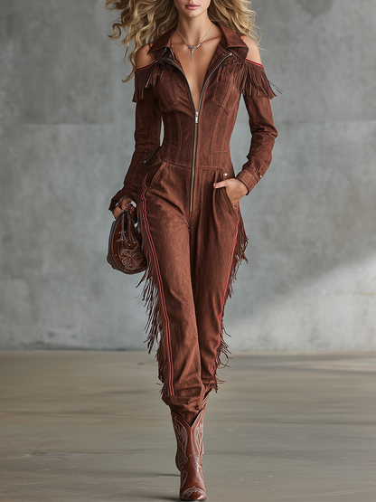 Western Cowgirl Off-shoulder Contrast-stitch Fringe Denim Jumpsuit