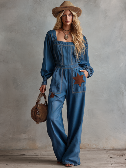 Western Vintage Square-neck Star-appliqué Denim Jumpsuit