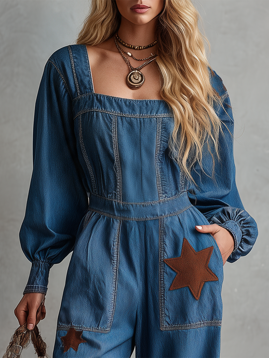 Western Vintage Square-neck Star-appliqué Denim Jumpsuit