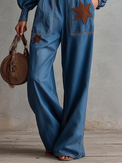 Western Vintage Square-neck Star-appliqué Denim Jumpsuit