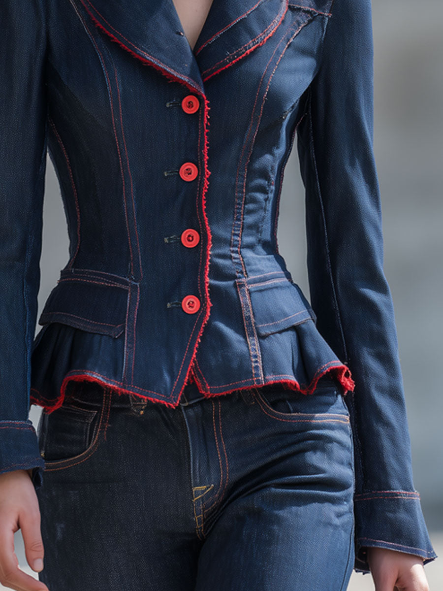 Retro-elegant Red Frayed Ruffled Dark Blue Denim Blazer