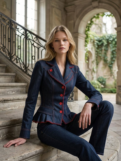 Retro-elegant Red Frayed Ruffled Dark Blue Denim Blazer