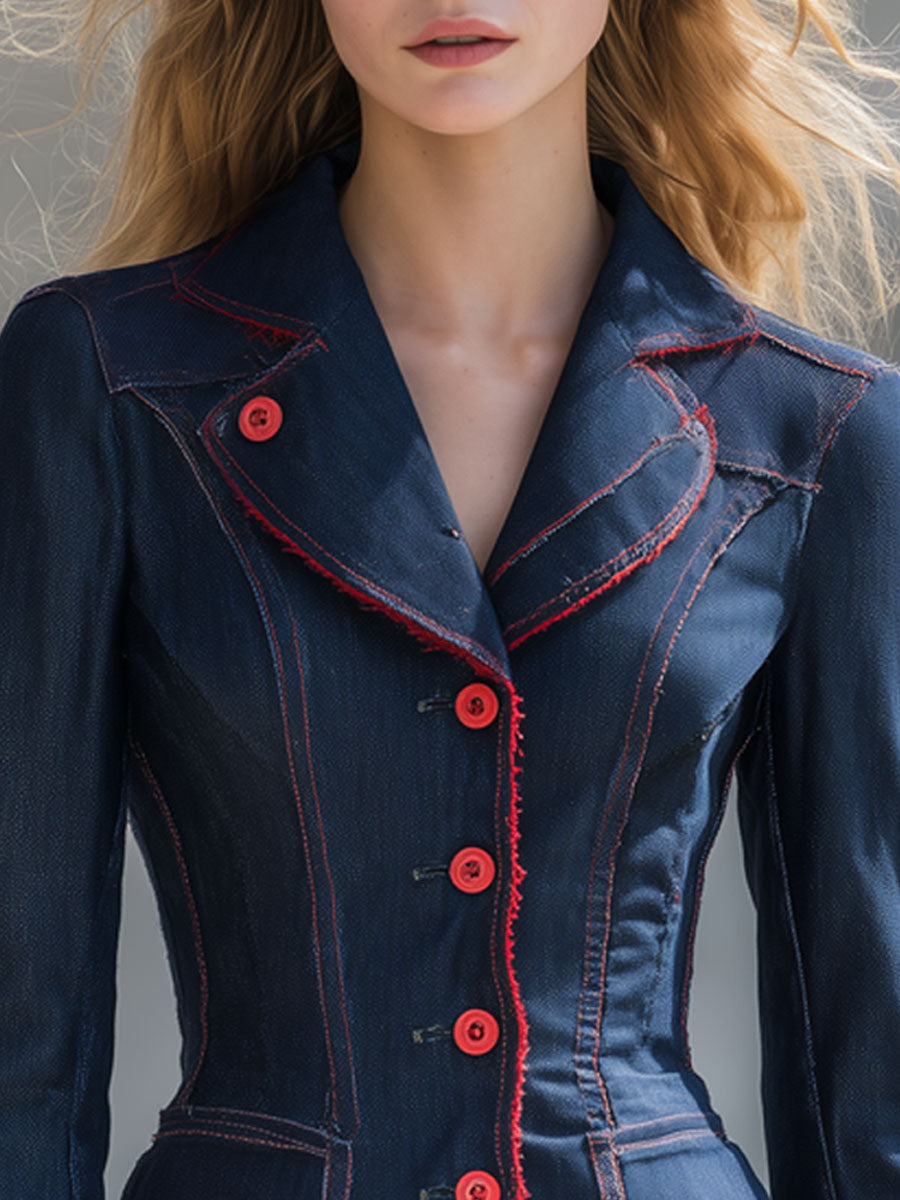 Retro-elegant Red Frayed Ruffled Dark Blue Denim Blazer