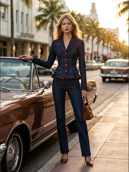 Retro-elegant Red Frayed Ruffled Dark Blue Denim Blazer