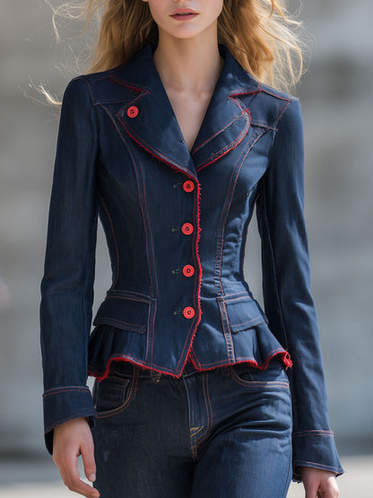 Retro-elegant Red Frayed Ruffled Dark Blue Denim Blazer