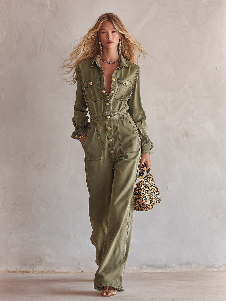 Vintage Military-style Green Denim Single-breasted Jumpsuit