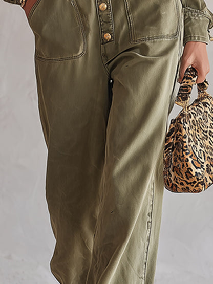 Vintage Military-style Green Denim Single-breasted Jumpsuit