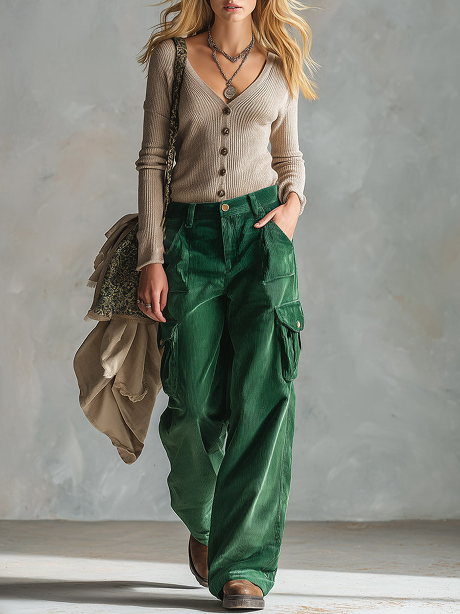 Vintage-style Beige Knit Top And Green Corduroy Utility Pants Set