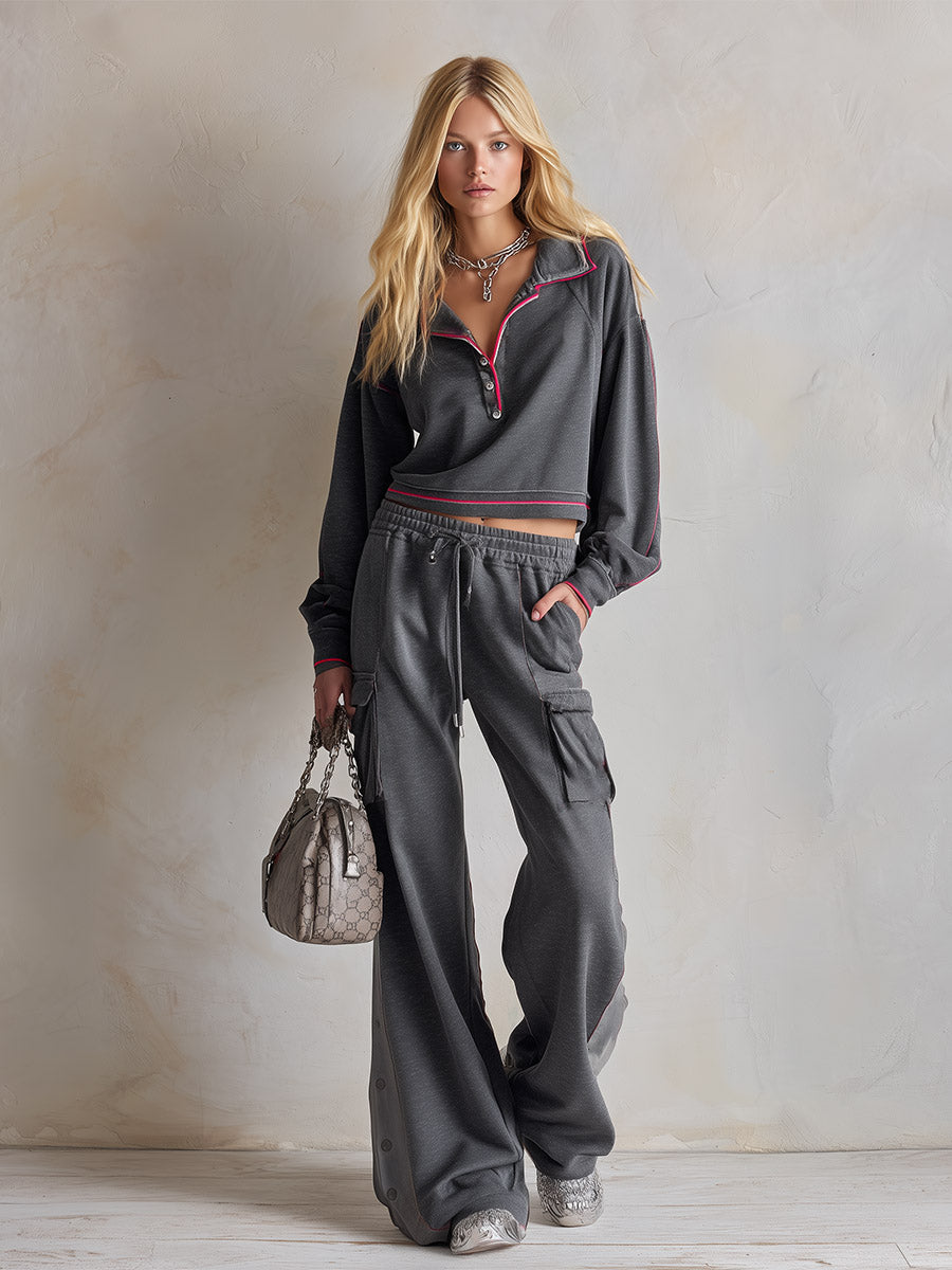 Stylish Sporty Trim Dark Grey Cotton Sweatshirt And Cargo Jogger Set